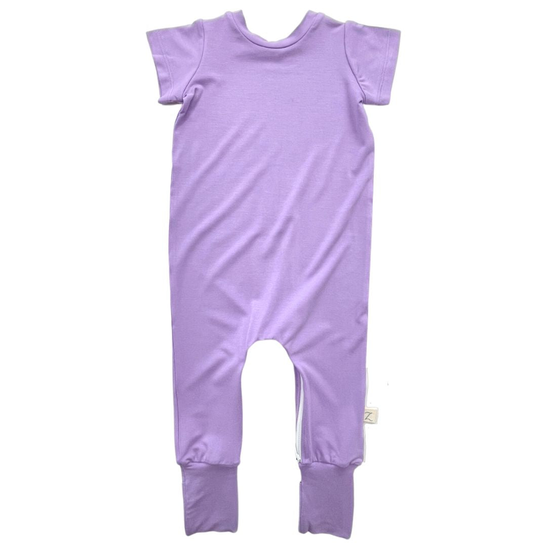 Flat lay of a lavender purple Bamboo Lyocell Zipease Romper