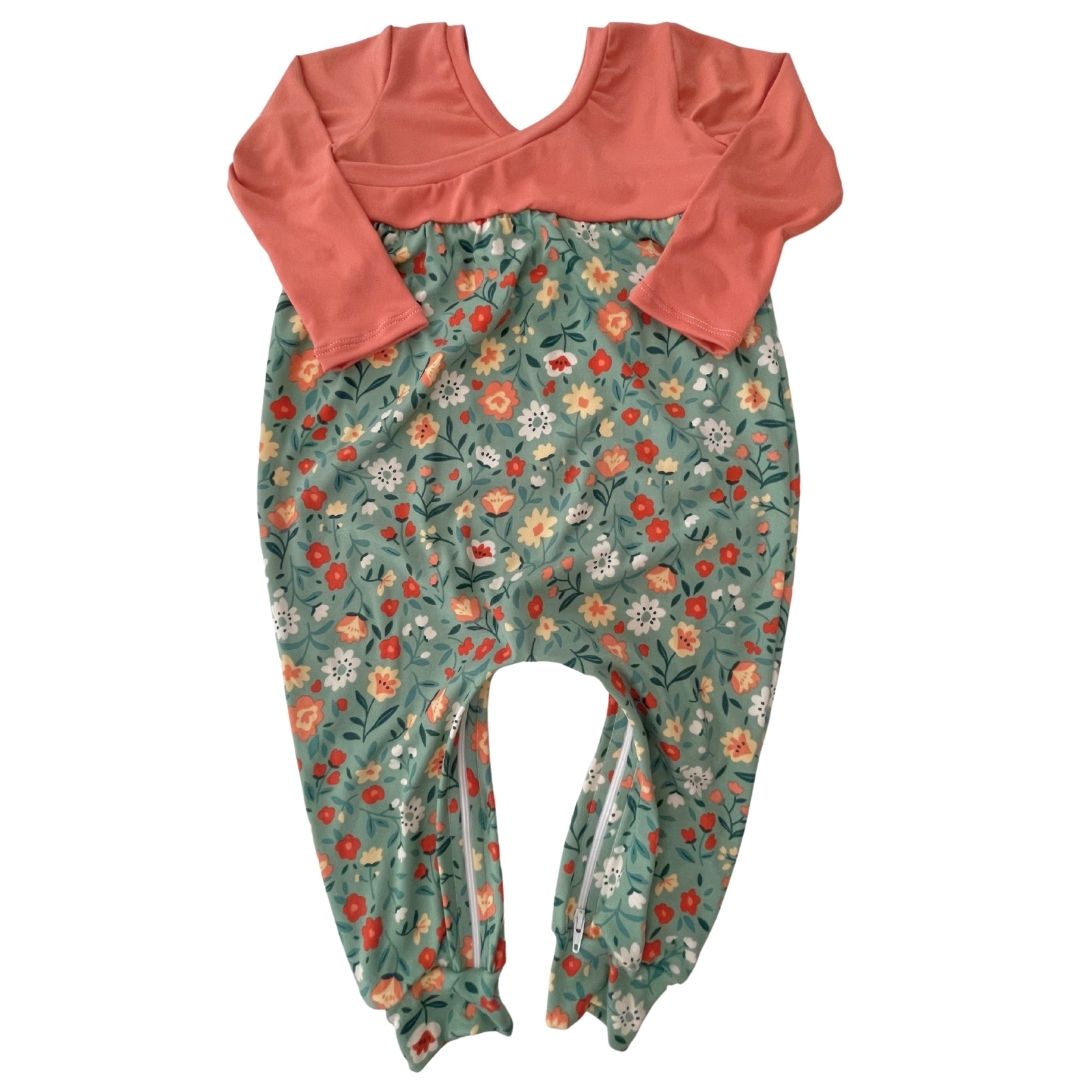 Sage Doodle Floral Bubble Zip Romper - Zipease