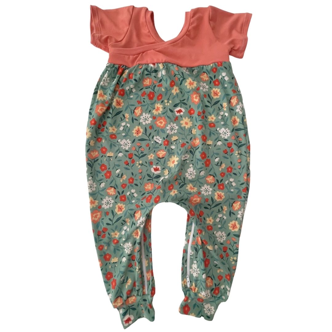 Sage Doodle Floral Bubble Zip Romper - Zipease