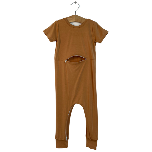 Camel Bamboo Lyocell Romper with G-Tube Access - Zipease