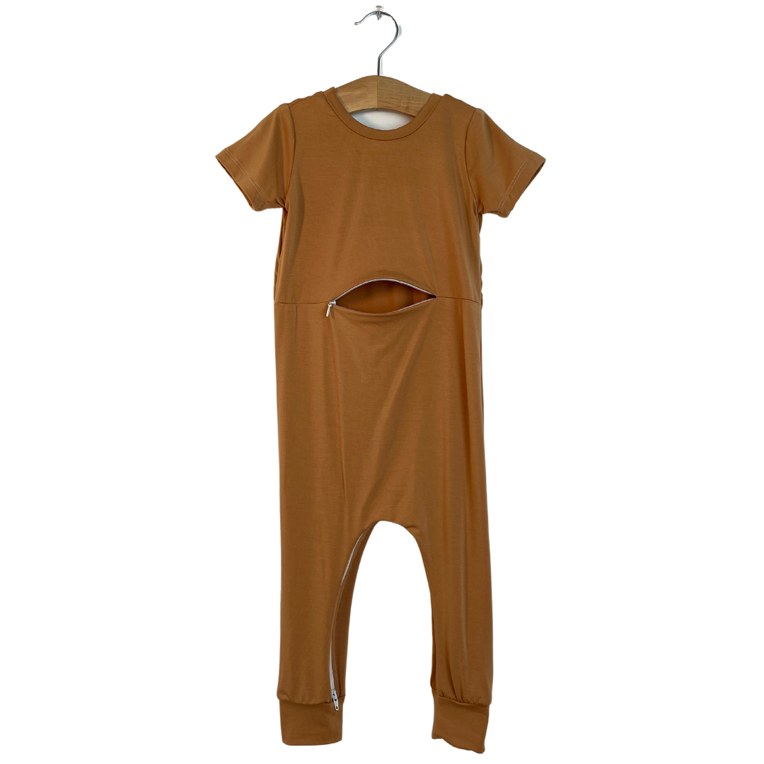 Camel Bamboo Lyocell Romper with G-Tube Access - Zipease