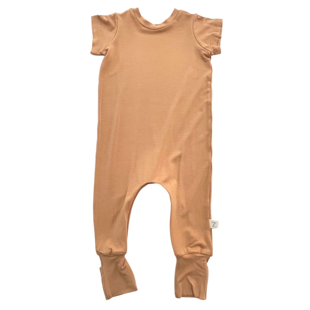 Flat lay of a camel tan Bamboo Lyocell Zipease Romper