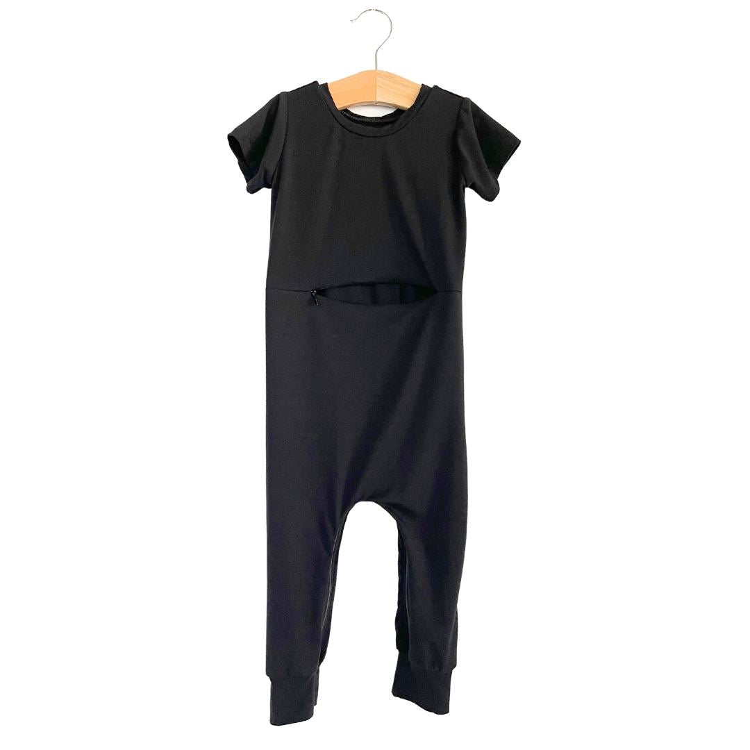 Black Bamboo Lyocell Romper with G-Tube Access - Zipease