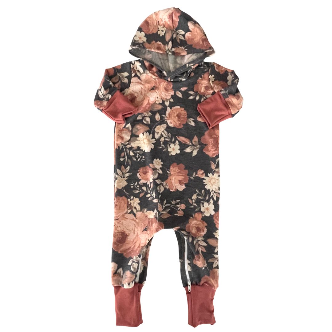 Charcoal Floral Hooded Zip Romper - Zipease