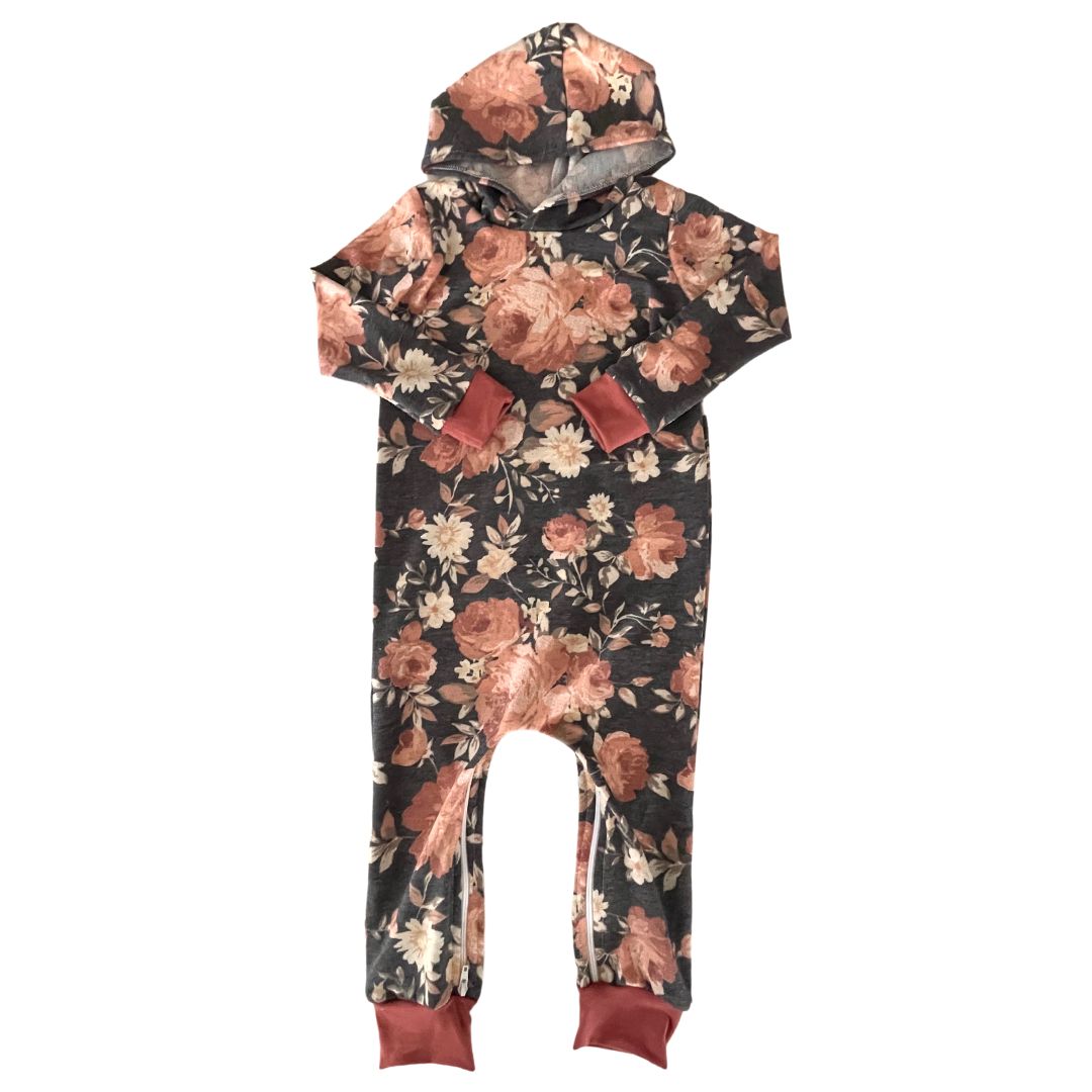 Charcoal Floral Hooded Zip Romper - Zipease