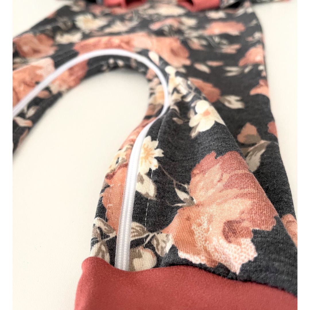 Charcoal Floral Hooded Zip Romper - Zipease