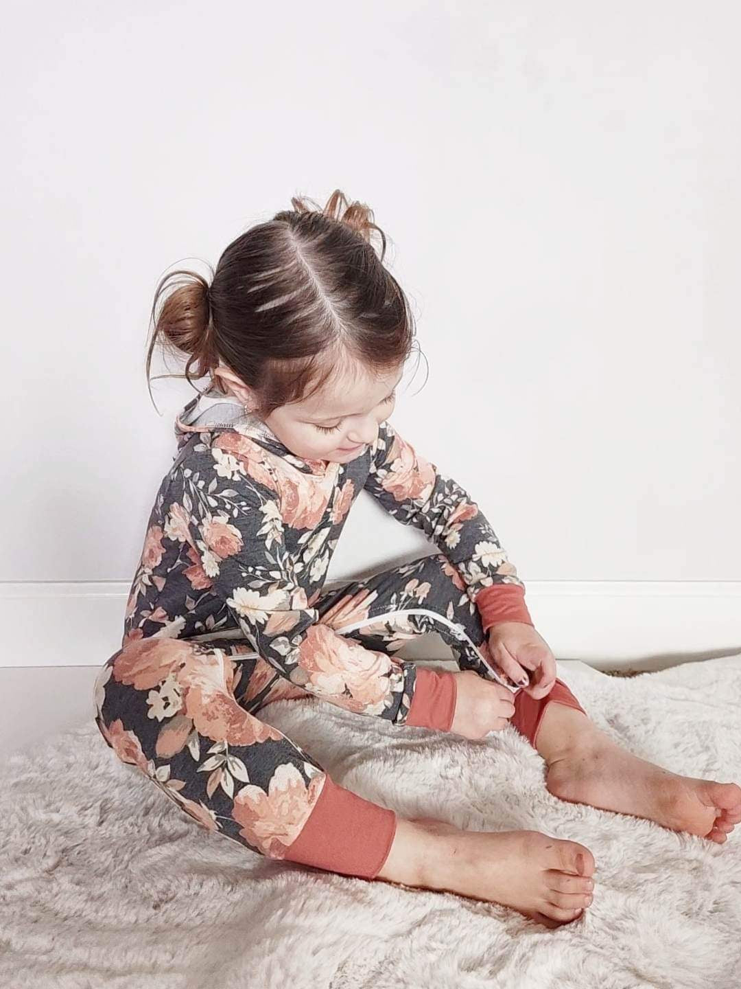 Charcoal Floral Hooded Zip Romper - Zipease