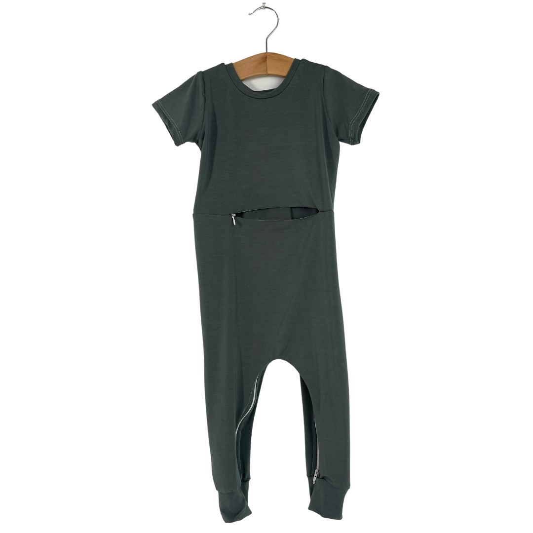 Deep Teal Bamboo Lyocell Romper with G-Tube Access - Zipease