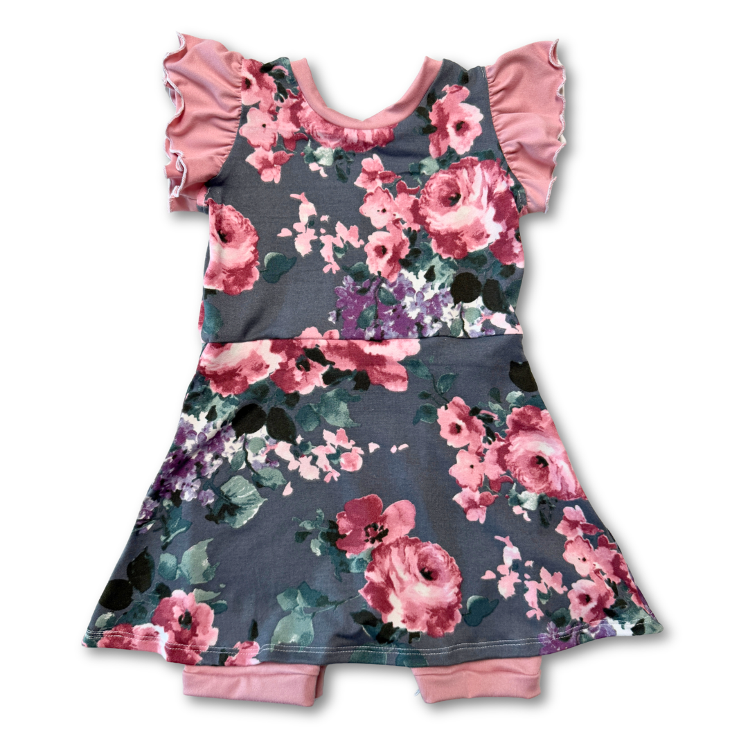 Grey Floral Skirted Shortease - Zipease
