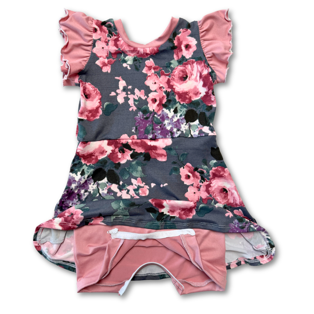 Grey Floral Skirted Shortease - Zipease