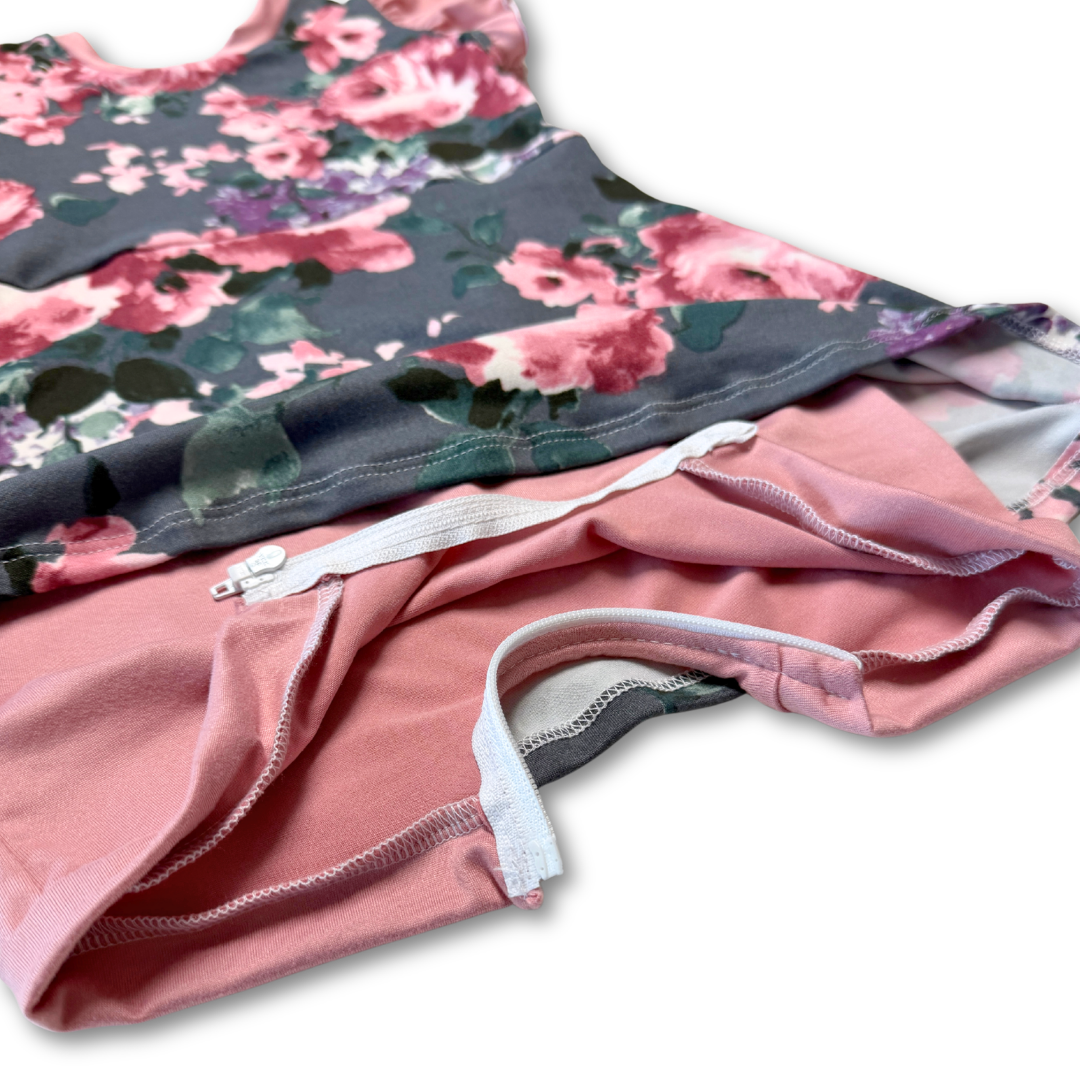Grey Floral Skirted Shortease - Zipease