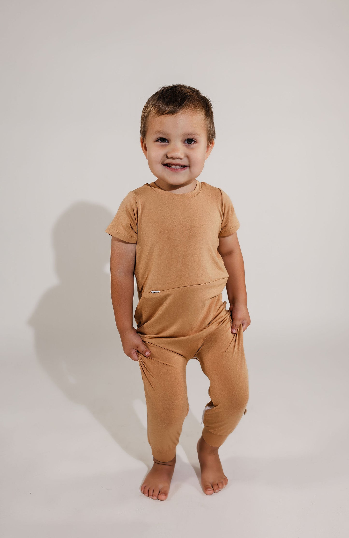 Camel Bamboo Lyocell Zip Romper - Zipease