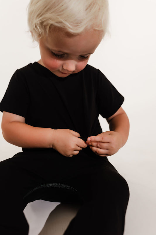Black Bamboo Lyocell Romper with G-Tube Access - Zipease