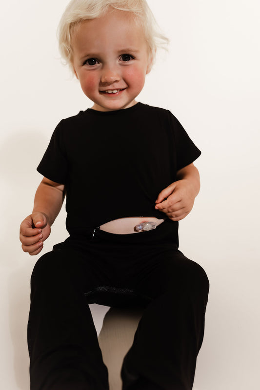 Black Bamboo Lyocell Romper with G-Tube Access - Zipease
