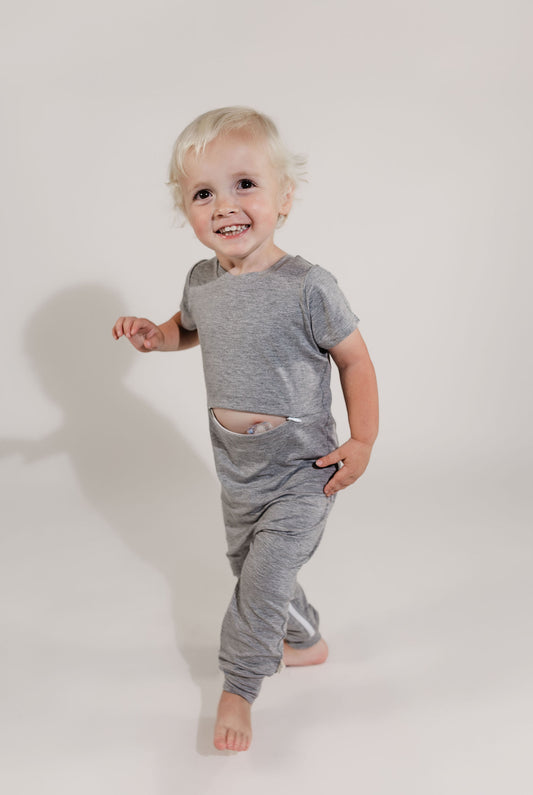 Grey Bamboo Lyocell Romper with G-Tube Access - Zipease