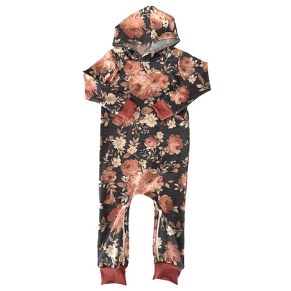 Charcoal Floral Hooded Zip Romper - Zipease