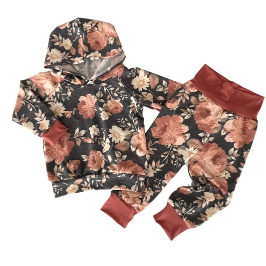 Charcoal/Coral Floral Two Piece Sets - Zipease