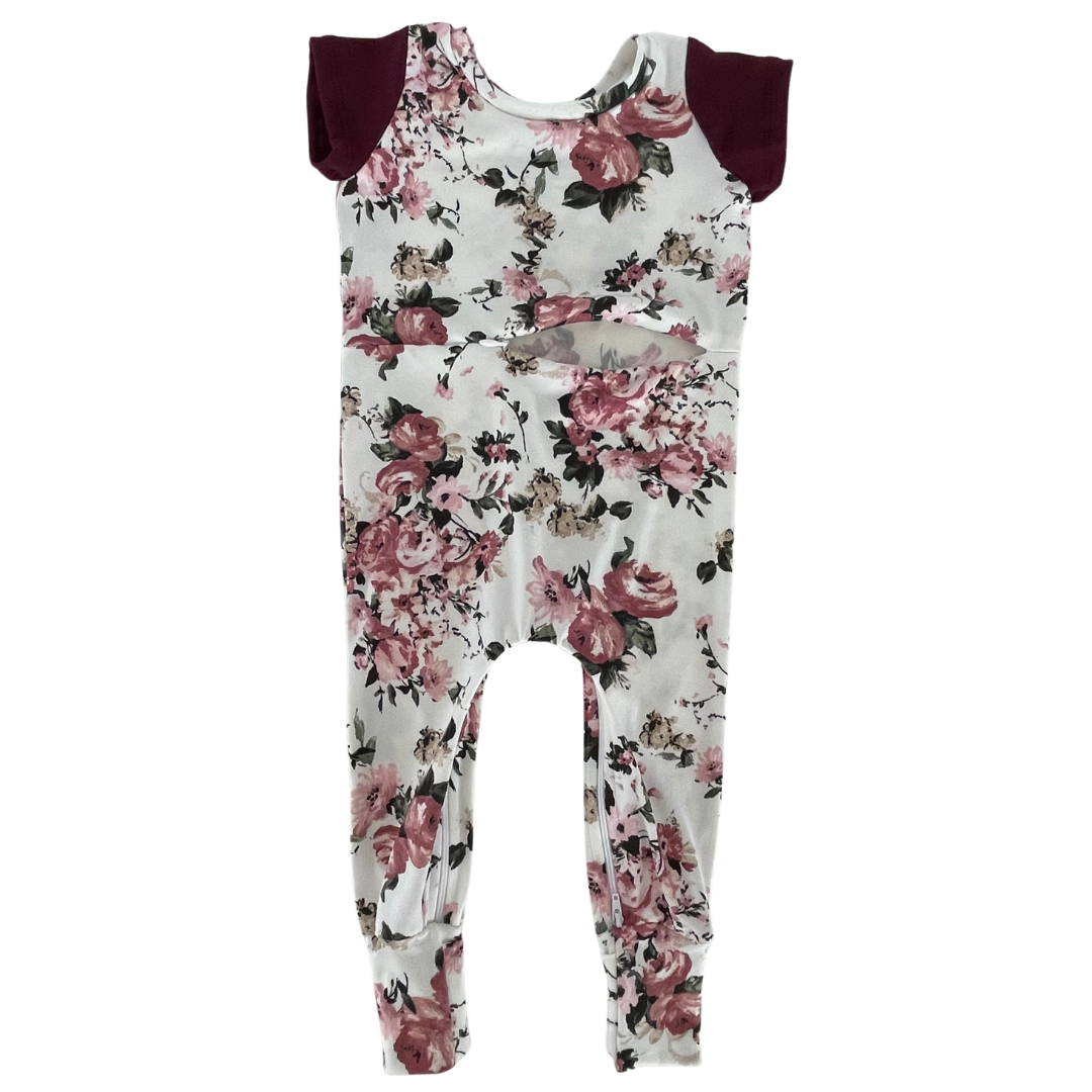 Floral Merlot Zip Romper with G-Tube Access - Zipease