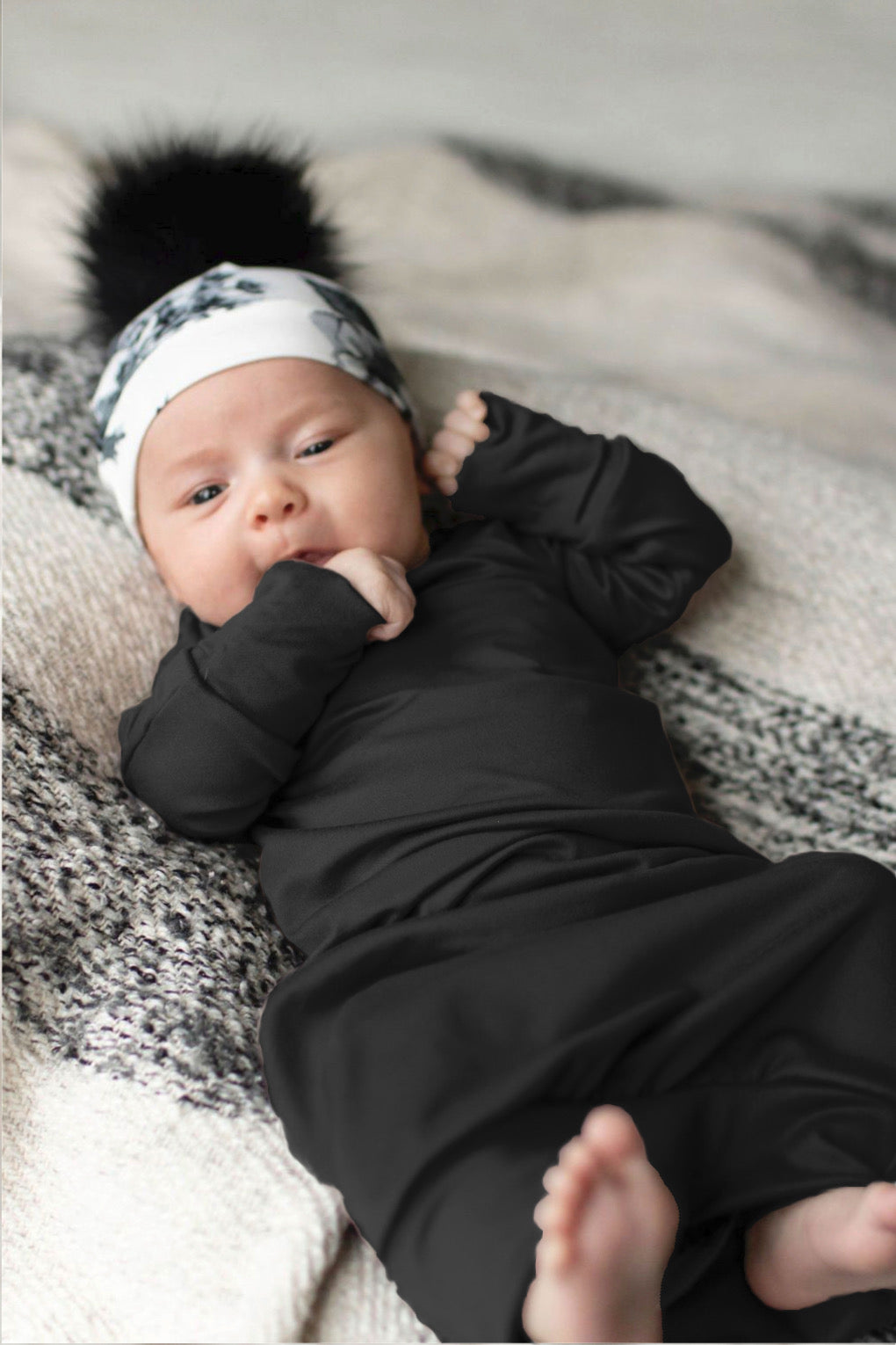 Stroller Society Knotted Baby Gown and Hat Set in White/Black Stripes -  SnapdragonsBaby
